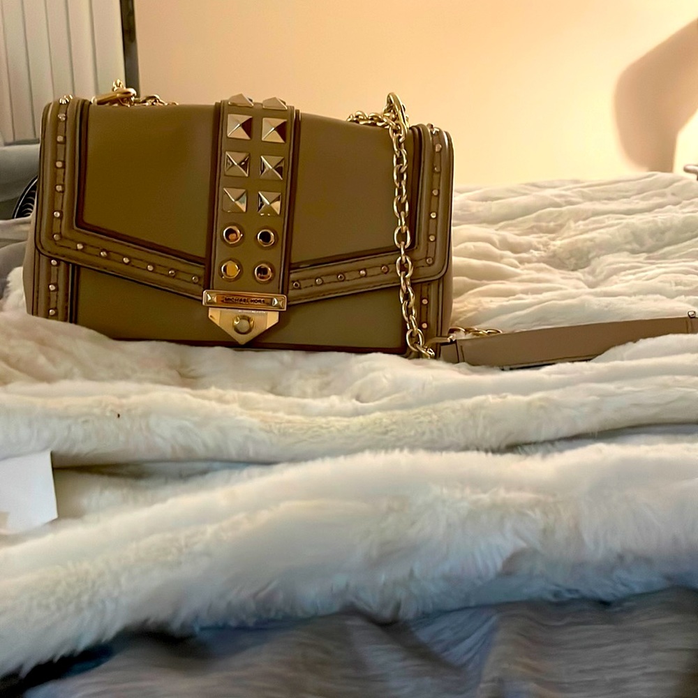 Michael Kors tan gold studded handbag. Width 10 inches. Height 7 inches